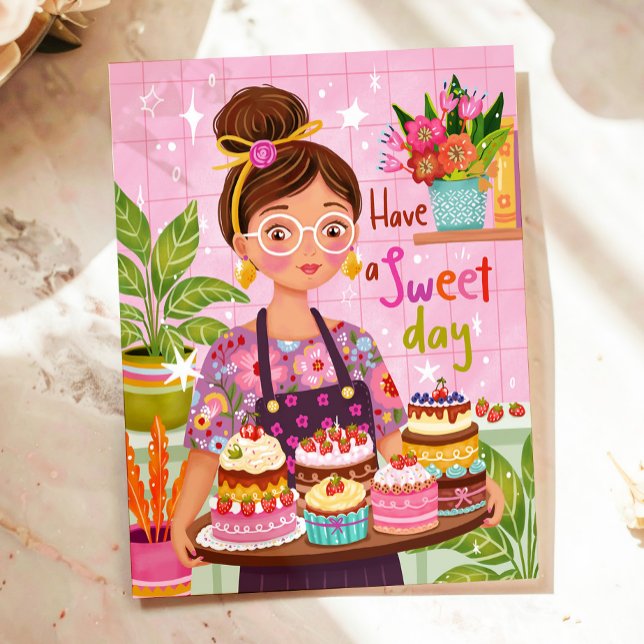 Colourful Woman with Cakes Illustrated Birthday Postcard (Creator Uploaded)