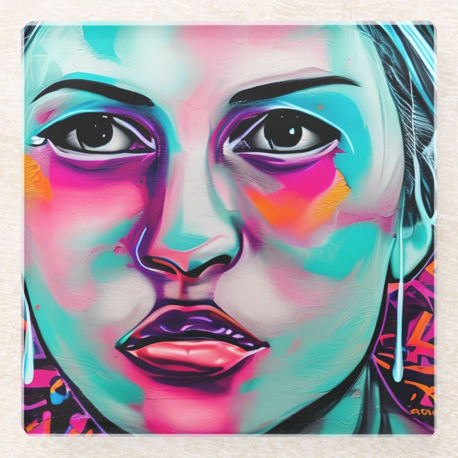 Colourful Women's Face  AI Generated Lady's Face Glass Coaster (Front)
