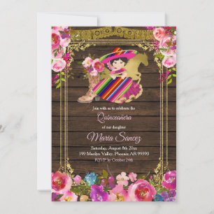 Colourful Wood Charro Floral Pink Quinceañera Invitation