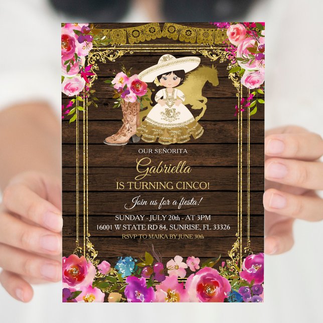 Colourful Wood Charro Mexican Girl Is Turning Cinc Invitation (Creator Uploaded)