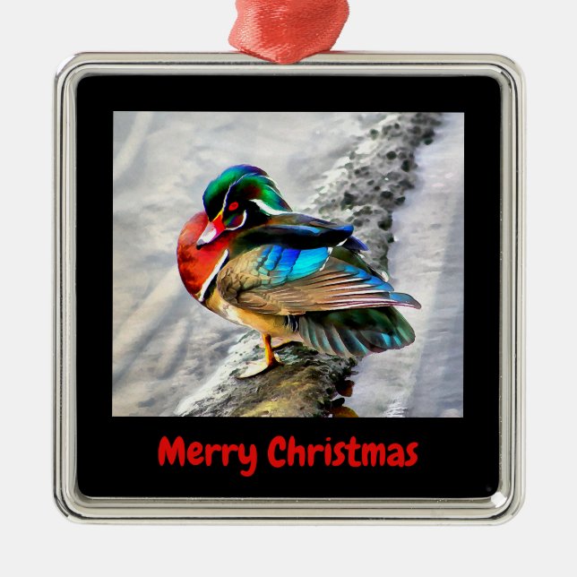 Colourful Wood Duck Merry Christmas Framed Metal Tree Decoration (Front)
