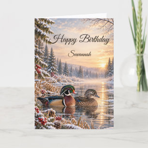 Colourful Wood Duck Pair Winter Pond Birthday Card