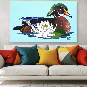 Colourful Wood Duck Water Lily Wildlife Blue Canvas Print
