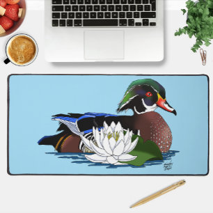 Colourful Wood Duck Water Lily Wildlife Blue Desk Mat