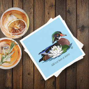 Colourful Wood Duck Water Lily Wildlife Blue Napkin