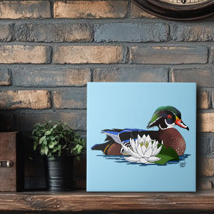 Colourful Wood Duck Water Lily Wildlife Blue Tile