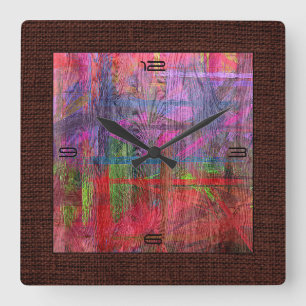 Colourful Wood Grain Burlap Border #2 Square Wall Clock