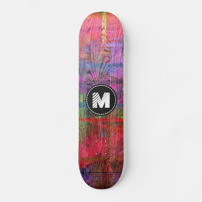 Colourful Wood Grain Texture Monogram Skateboard (Front)