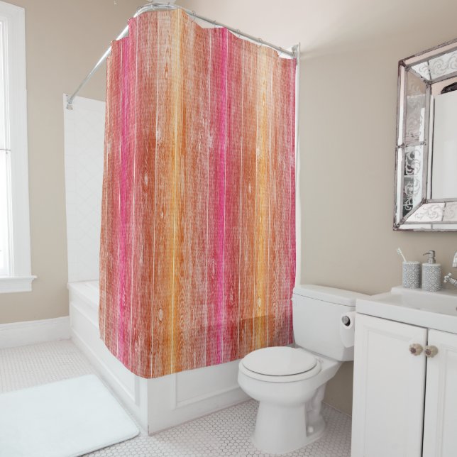 colourful wood wall shower curtain (In Situ)