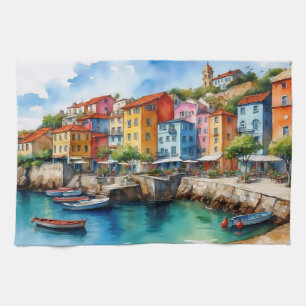Colourful Wooden Boats in the Harbour Village  Tea Towel