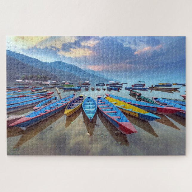 Colourful Wooden Boats Phewa Lake Nepal Travel Jigsaw Puzzle (Horizontal)