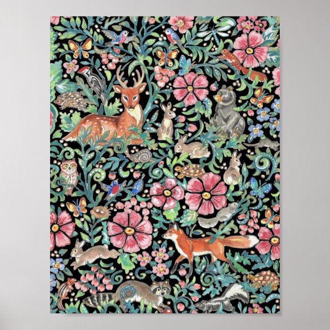 Colourful Woodland Animal Tapestry Design on Black Poster (Front)