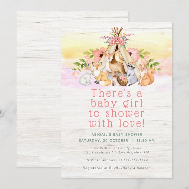 Colourful Woodland Animals Camping Girl Baby Showe Invitation (Front/Back)
