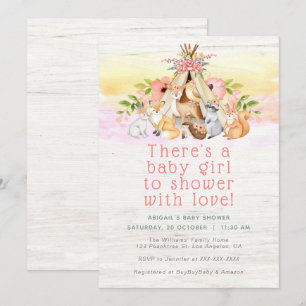 Colourful Woodland Animals Camping Girl Baby Showe Invitation