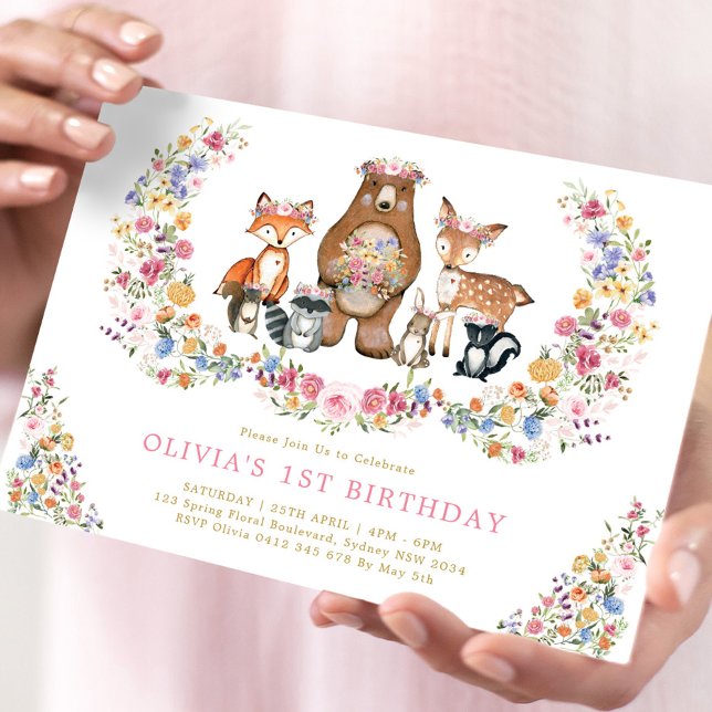 Colourful Woodland Animals Garden Flowers Birthday Invitation (Creator Uploaded)