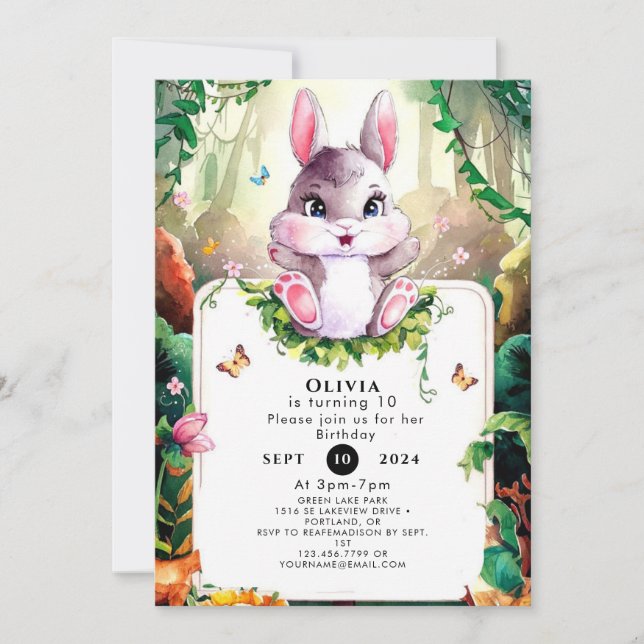 Colourful Woodland Bunny Birthday Invitation (Front)