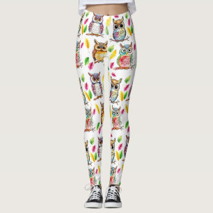Colourful Woodland Owls and Leaves Watercolor Leggings