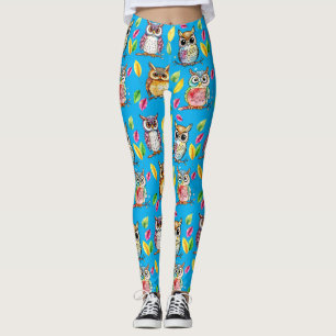 Colourful Woodland Owls and Leaves Watercolor Leggings