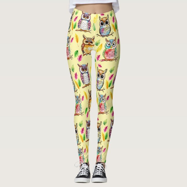 Colourful Woodland Owls and Leaves Watercolor Leggings (Front)