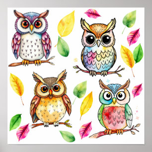 Colourful Woodland Owls and Leaves Watercolor Poster