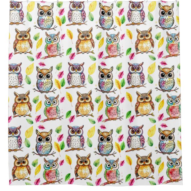 Colourful Woodland Owls and Leaves Watercolor Shower Curtain (Front)