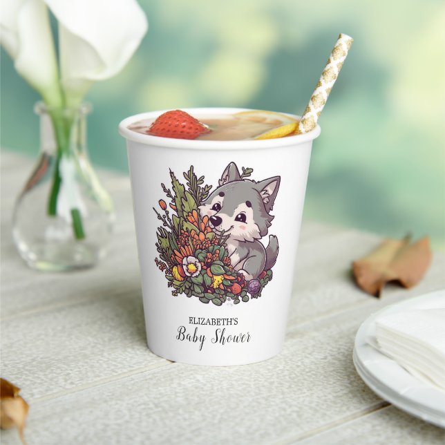 Colourful Woodland Wolf Baby Shower Paper Cups (Insitu)