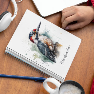 Colourful Woodpecker in watercolor customisable Notebook