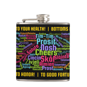 Colourful Word Art Cheers in Many Languages Hip Flask