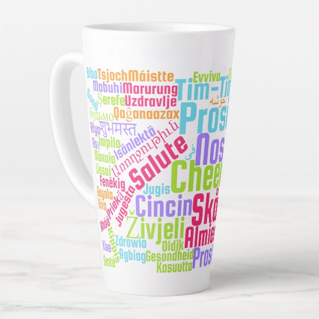 Colourful Word Art Cheers in Many Languages Latte Mug (Left Angle)