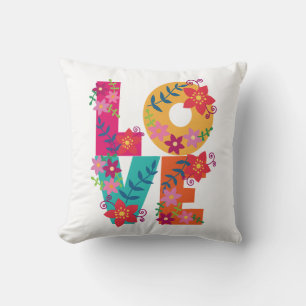 Colourful word love decorated with flowers cushion