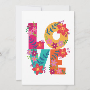 Colourful word love decorated with flowers holiday card