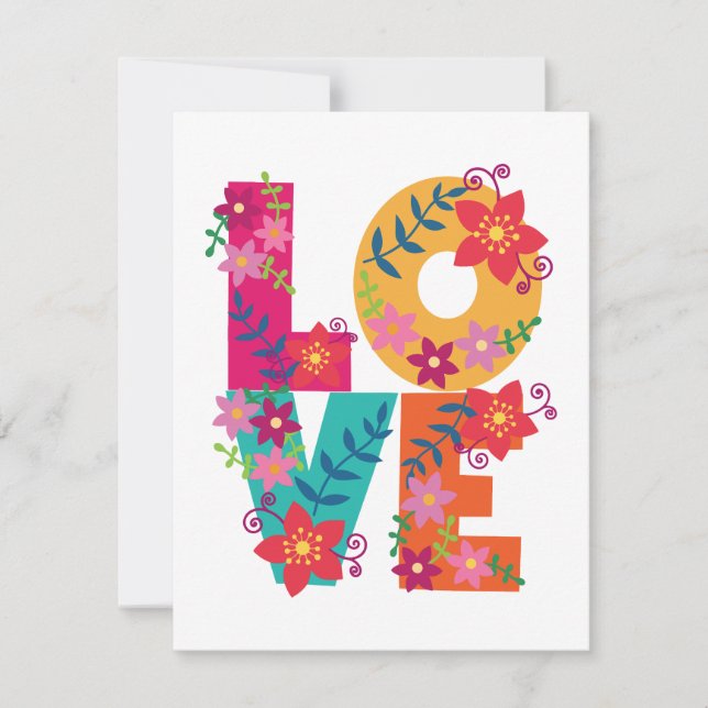 Colourful word love decorated with flowers holiday card (Front)