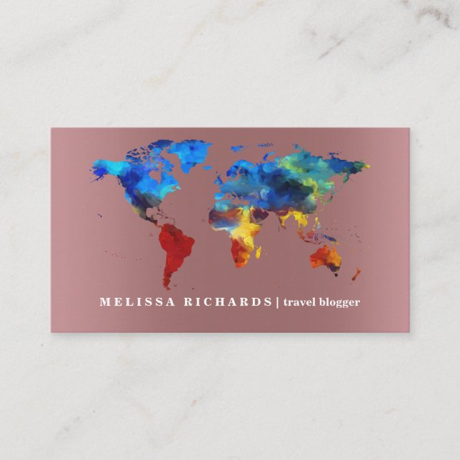 Colourful World Map Travel  Blog Business Card (Front)