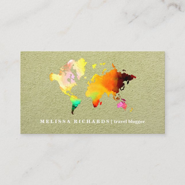 Colourful World Map Travel  Blog Business Card (Front)