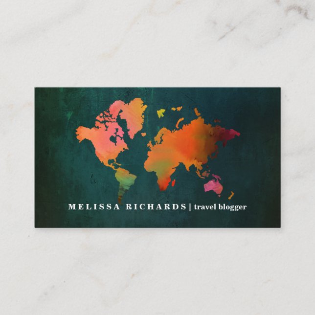 Colourful World Map Travel  Blog Business Card (Front)