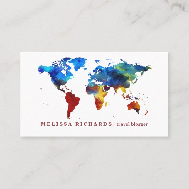 Colourful World Map Travel  Blog Business Card (Front)
