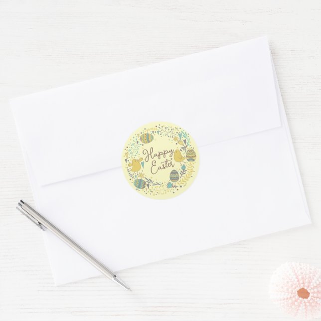 Colourful Wreath of Joyful Chicks Eggs and Greetin Classic Round Sticker (Envelope)