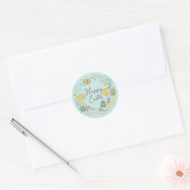 Colourful Wreath of Joyful Chicks Eggs and Greetin Classic Round Sticker (Envelope)