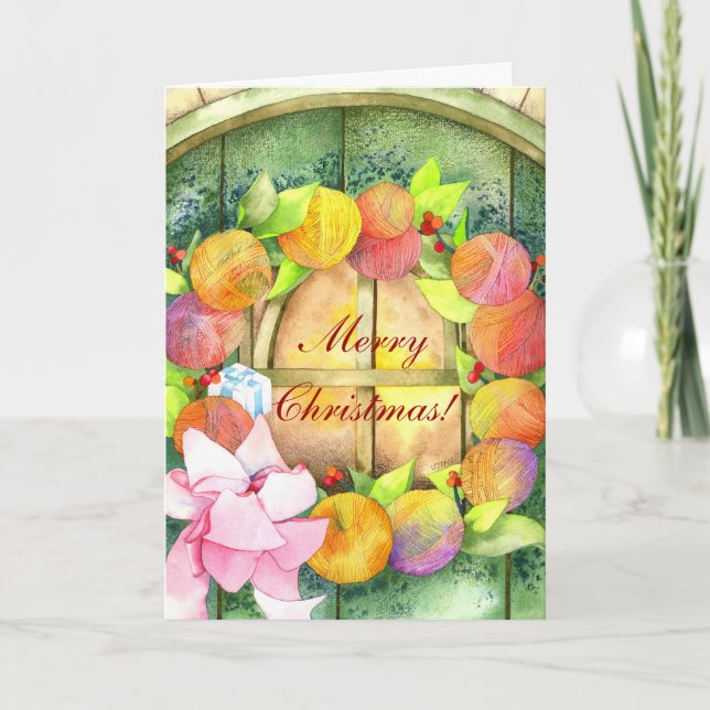 Colourful Yarn Ball Wreath Merry Christmas Holiday Card (Front)