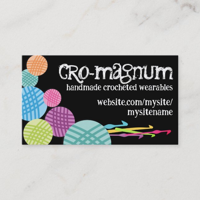 Colourful yarn balls crochet hooks business cards (Front)
