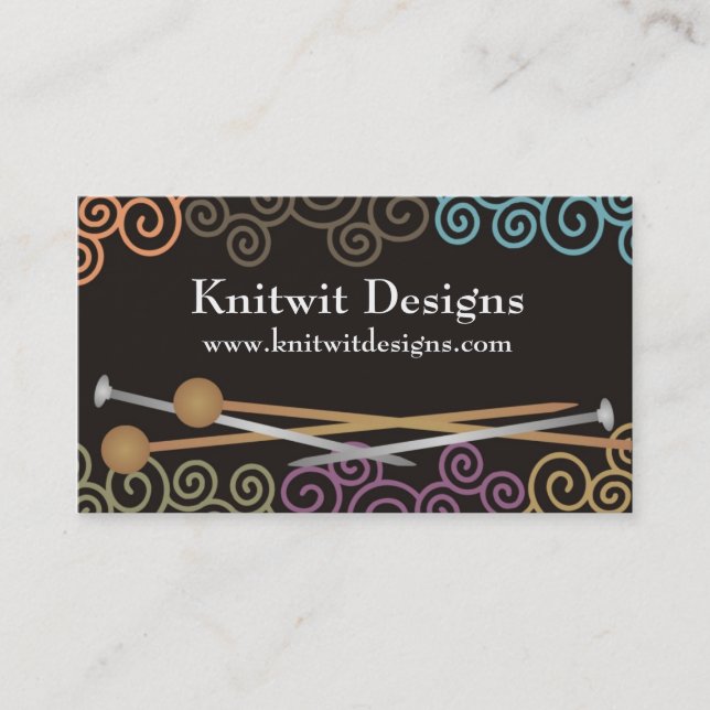 Colourful yarn knitting needles business cards (Front)