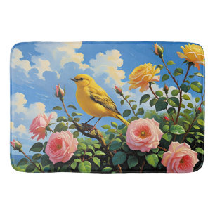 Colourful yellow bird and pretty pink roses bath mat