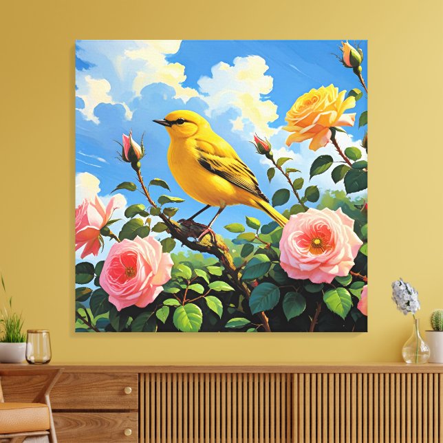 Colourful yellow bird and pretty pink roses canvas print (Insitu(LivingRoom))