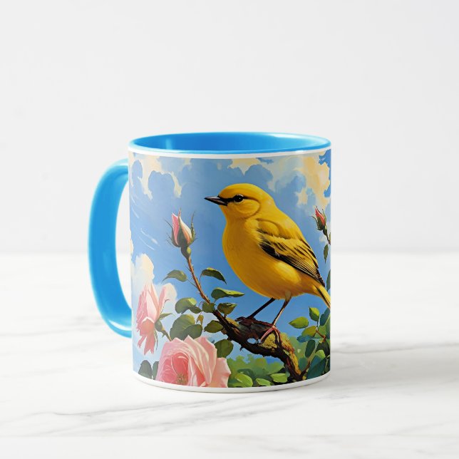 Colourful yellow bird and pretty pink roses mug (Front Left)
