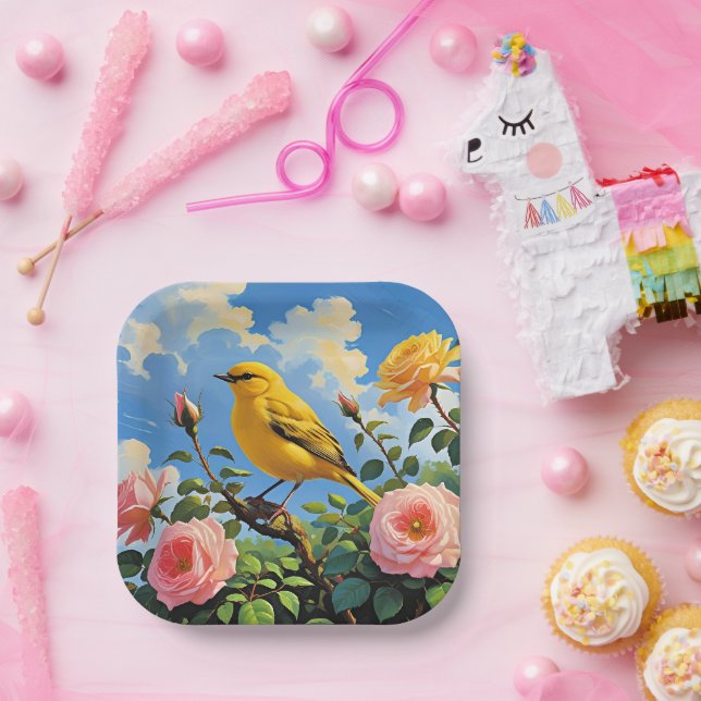 Colourful yellow bird and pretty pink roses paper plate (Party)