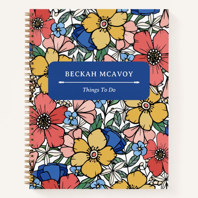 Colourful Yellow Blue Coral Floral Pattern Busines Notebook (Front)