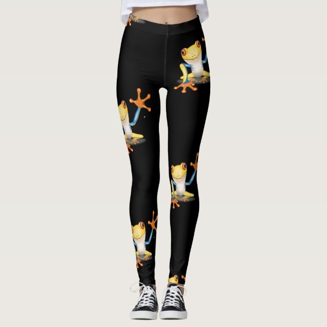 Colourful Yellow & Blue Red Eyed Tree Frog Leggings (Front)