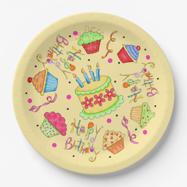 Colourful Yellow Cupcakes Cake Happy Birthday Paper Plate (Front)