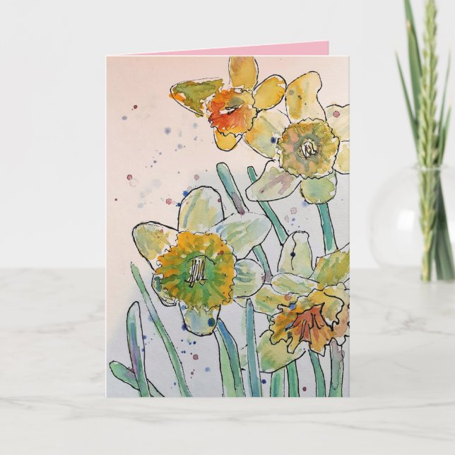 Colourful Yellow Daffodil Watercolor Greetings Car Card (Front)