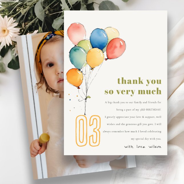 Colourful Yellow Green Balloons Kids Birthday Phot Thank You Card (Creator Uploaded)
